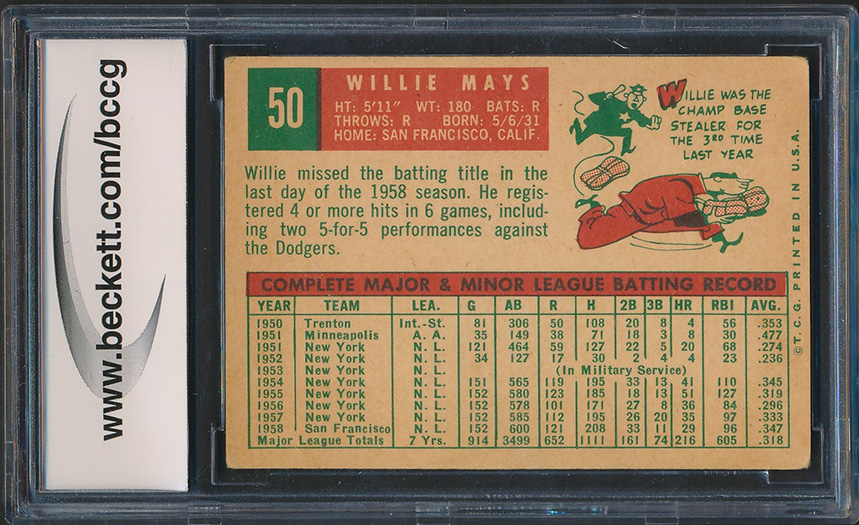 Willie Mays 1959 Topps #50 (BCCG 7) at PristineAuction.com Willie Mays 1959 Topps #50 (BCCG 7) at PristineAuction.com