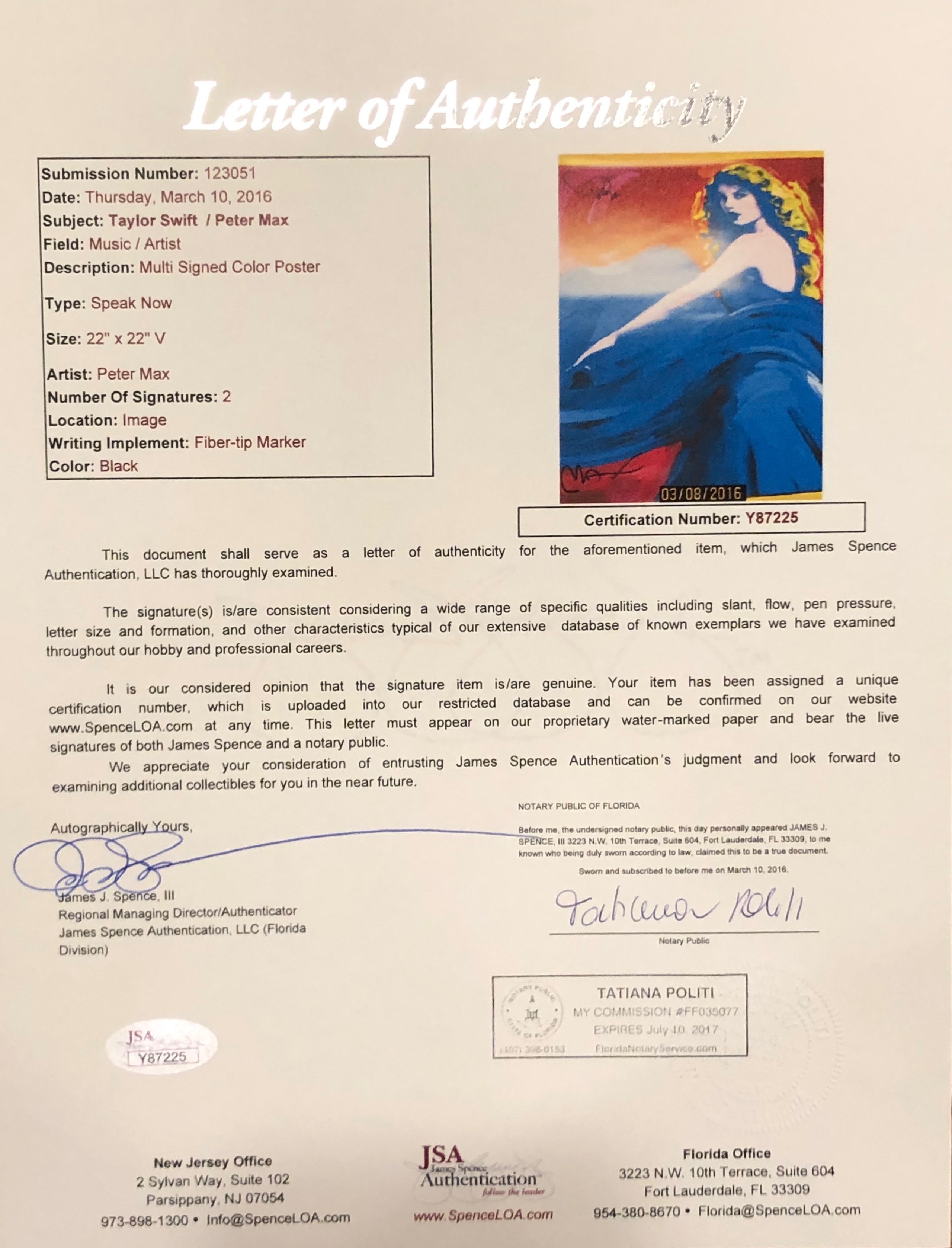 Taylor Swift & Peter Max Signed "Speak Now" 32x32 Custom Framed Poster (JSA LOA) at PristineAuction.com Taylor Swift & Peter Max Signed "Speak Now" 32x32 Custom Framed Poster (JSA LOA) at PristineAuction.com