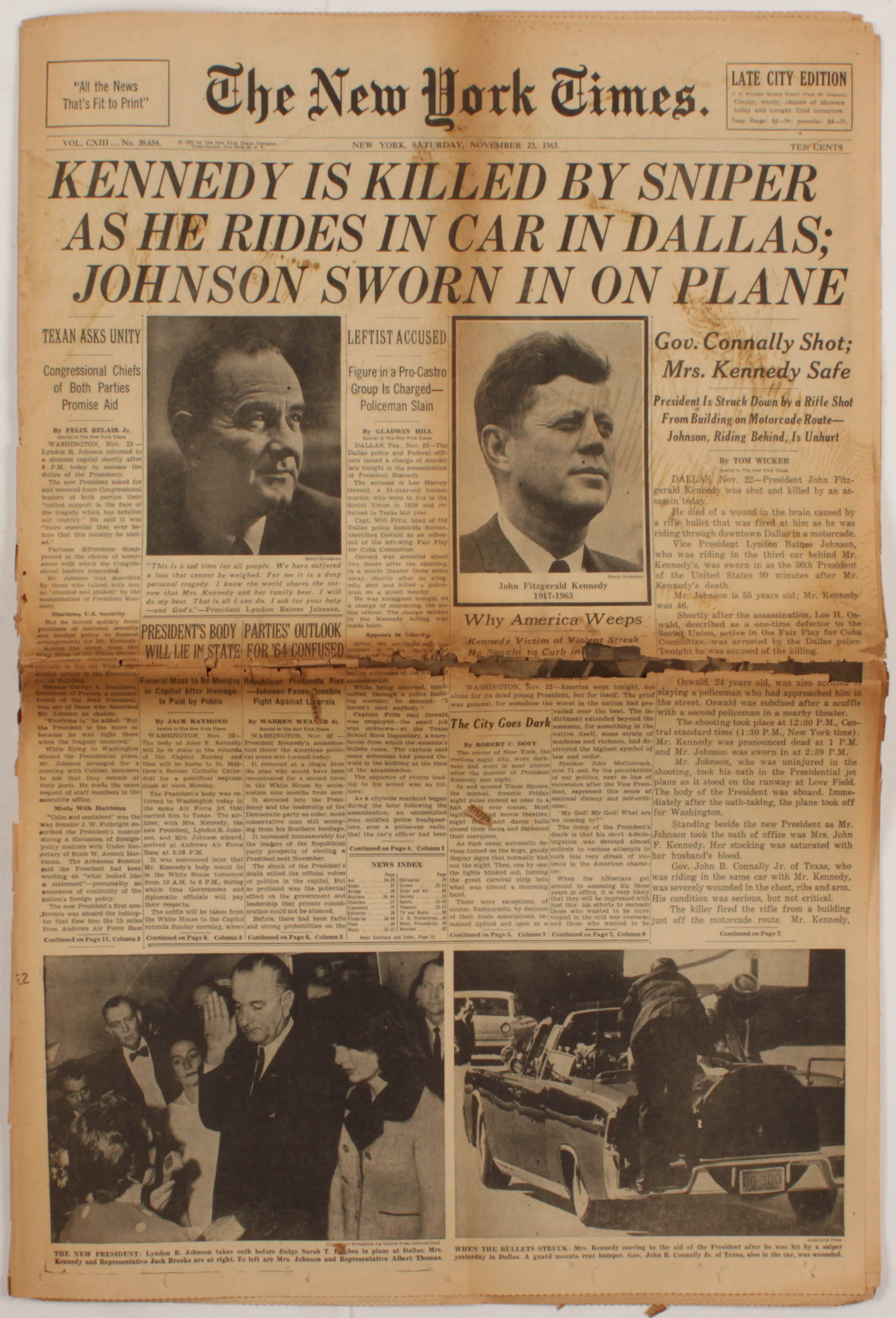Original November 23, 1963 New York Times Newspaper at PristineAuction.com Original November 23, 1963 New York Times Newspaper at PristineAuction.com