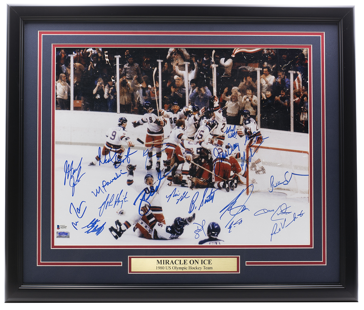1980 Team USA 22x27 Custom Framed Photo Display Signed by (13) With Victor Hedman, Yanni Gourde, Andrei Vasilevskiy, Mikhail Sergachev (Beckett LOA) at PristineAuction.com 1980 Team USA 22x27 Custom Framed Photo Display Signed by (13) With Victor Hedman, Yanni Gourde, Andrei Vasilevskiy, Mikhail Sergachev (Beckett LOA) at PristineAuction.com