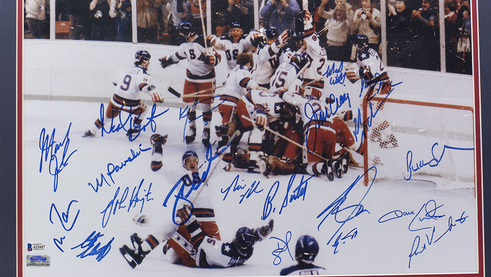 1980 Team USA 22x27 Custom Framed Photo Display Signed by (13) With Victor Hedman, Yanni Gourde, Andrei Vasilevskiy, Mikhail Sergachev (Beckett LOA) at PristineAuction.com 1980 Team USA 22x27 Custom Framed Photo Display Signed by (13) With Victor Hedman, Yanni Gourde, Andrei Vasilevskiy, Mikhail Sergachev (Beckett LOA) at PristineAuction.com