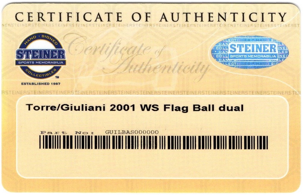 Joe Torre & Rudy Giuliani Signed 9/11 2001 World Series LE Baseball (Steiner COA) at PristineAuction.com Joe Torre & Rudy Giuliani Signed 9/11 2001 World Series LE Baseball (Steiner COA) at PristineAuction.com