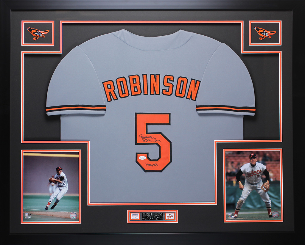 Brooks Robinson Signed 35x43 Custom Framed Jersey Inscribed "HOF 83" (JSA COA) at PristineAuction.com Brooks Robinson Signed 35x43 Custom Framed Jersey Inscribed "HOF 83" (JSA COA) at PristineAuction.com