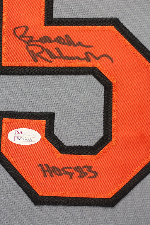 Brooks Robinson Signed 35x43 Custom Framed Jersey Inscribed "HOF 83" (JSA COA) at PristineAuction.com Brooks Robinson Signed 35x43 Custom Framed Jersey Inscribed "HOF 83" (JSA COA) at PristineAuction.com