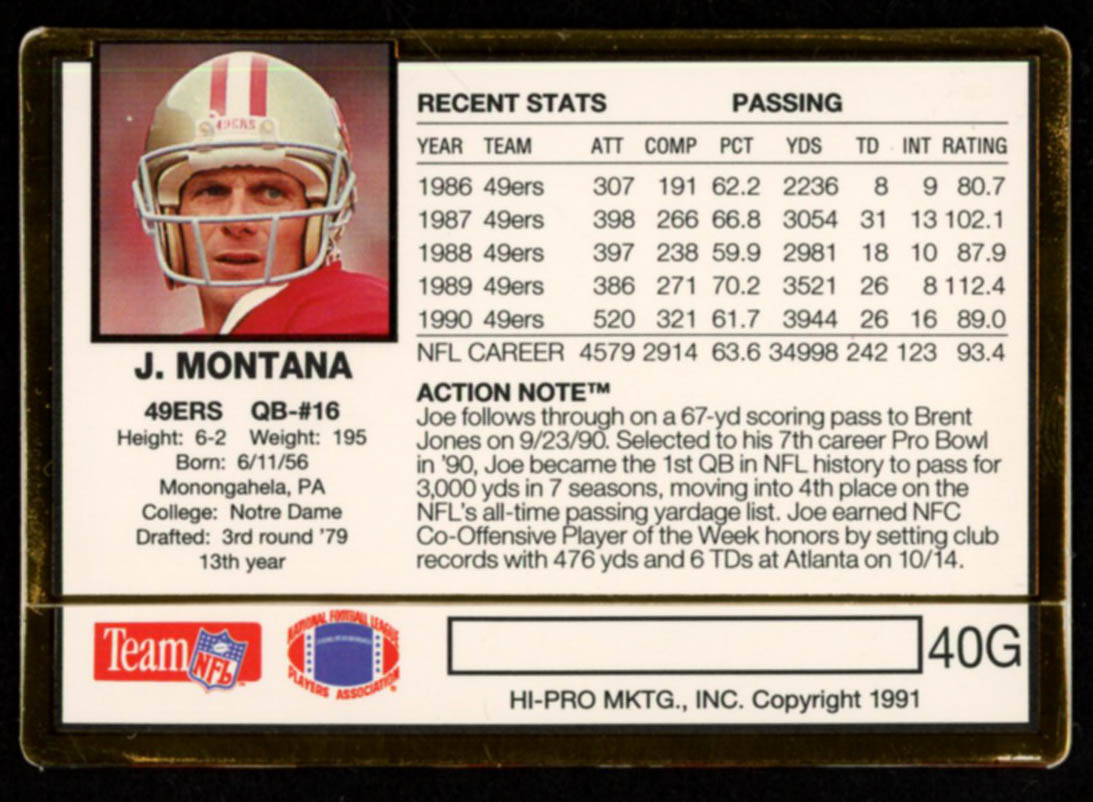 Joe Montana 1991 Action Packed 24K Gold #40G at PristineAuction.com Joe Montana 1991 Action Packed 24K Gold #40G at PristineAuction.com