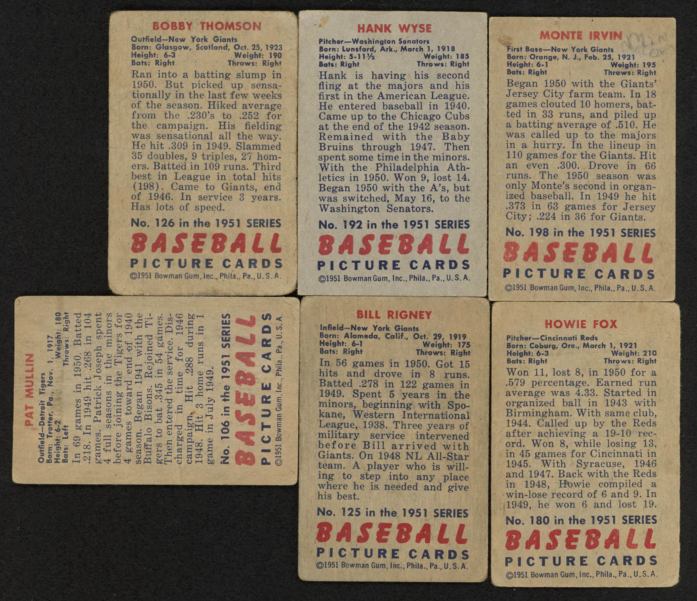 Lot of (6) 1951 Bowman Baseball Cards with Bobby Thomson 126, Monte