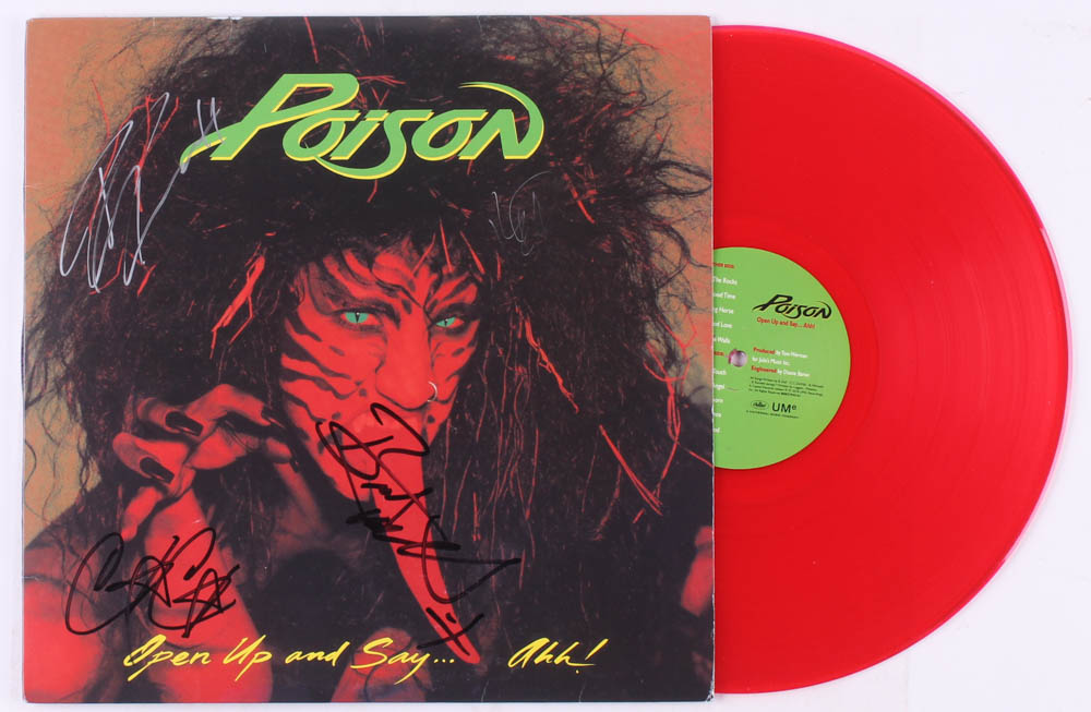 Poison "Open Up and Say... Ahh!" Vinyl Record Album Cover Band-Signed by (4) with Bret Michaels, Rikki Rockett, C.C. DeVille & Bobby Dall (JSA ALOA) at PristineAuction.com Poison "Open Up and Say... Ahh!" Vinyl Record Album Cover Band-Signed by (4) with Bret Michaels, Rikki Rockett, C.C. DeVille & Bobby Dall (JSA ALOA) at PristineAuction.com
