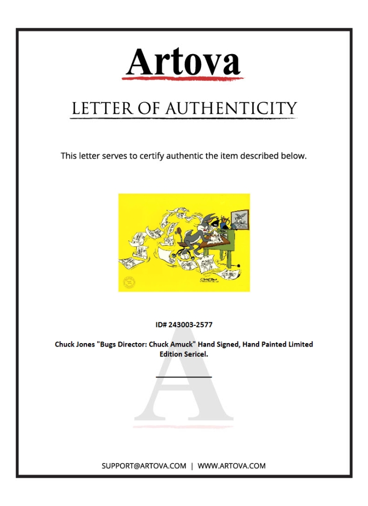 "Bugs Director: Chuck Amuck" LE 16x13 Animation Cel with Hand-Painted Coloring by Chuck Jones (Artova) at PristineAuction.com "Bugs Director: Chuck Amuck" LE 16x13 Animation Cel with Hand-Painted Coloring by Chuck Jones (Artova) at PristineAuction.com