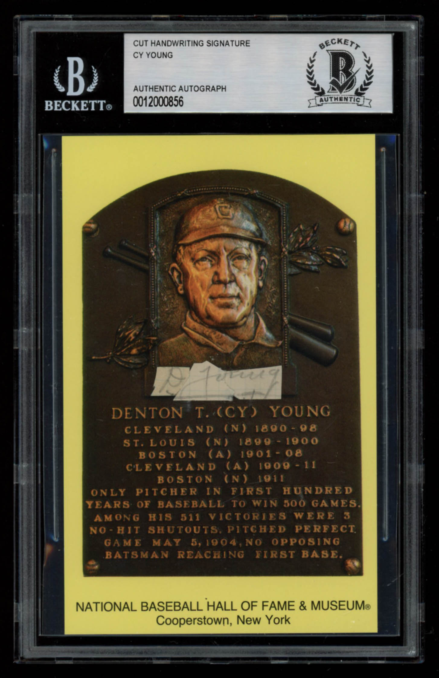 Cy Young Signed Gold Hall of Fame Plaque Postcard Cut (BAS Encapsulated) at PristineAuction.com Cy Young Signed Gold Hall of Fame Plaque Postcard Cut (BAS Encapsulated) at PristineAuction.com