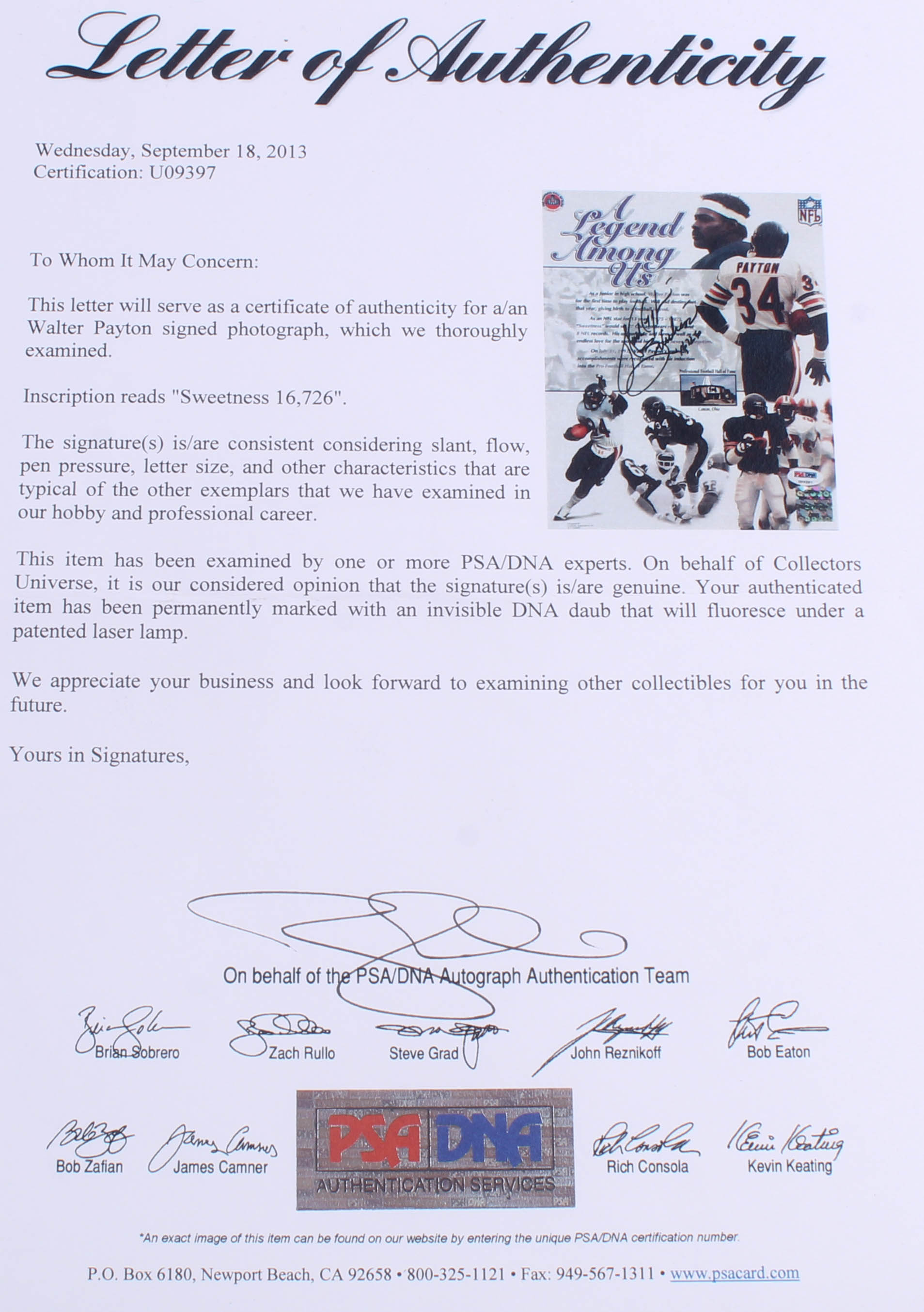 Walter Payton Signed Bears "A Legend Among Us" 13.5x16.5 Custom Framed Print Display Inscribed "Sweetness" & "16,726" with Payton Pin (PSA LOA) at PristineAuction.com Walter Payton Signed Bears "A Legend Among Us" 13.5x16.5 Custom Framed Print Display Inscribed "Sweetness" & "16,726" with Payton Pin (PSA LOA) at PristineAuction.com