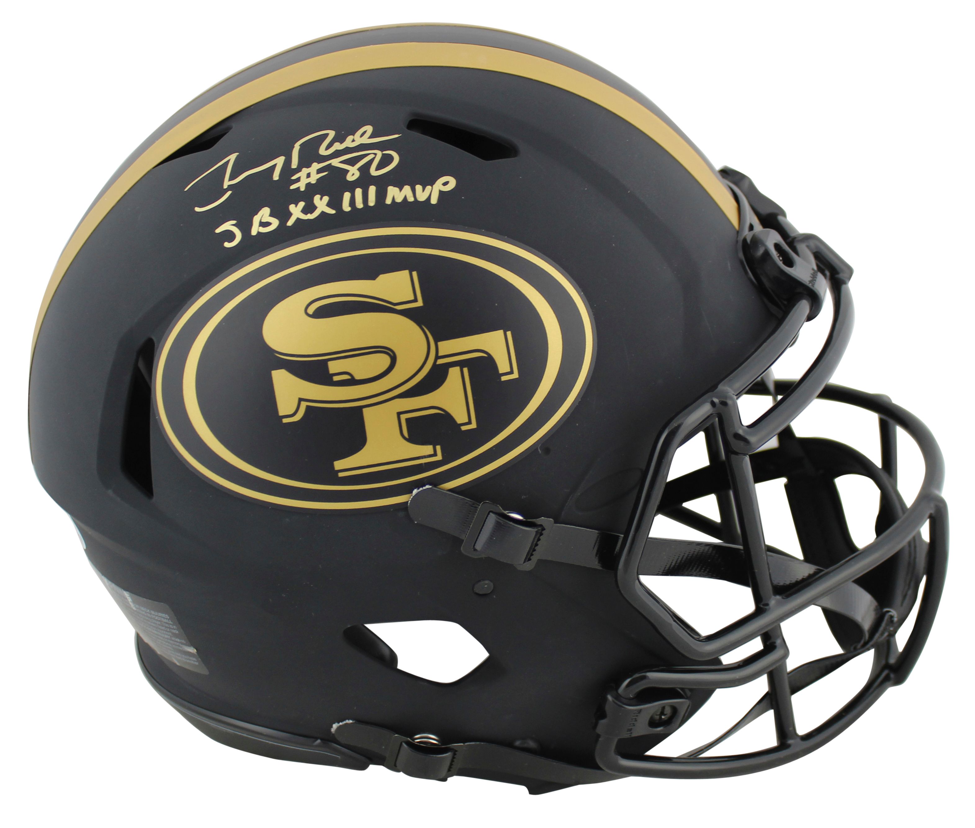 Jerry Rice Signed 49ers Full-Size Authentic On-Field Eclipse Alternate Speed Helmet Inscribed "SB XXIII MVP" (Beckett COA) at PristineAuction.com Jerry Rice Signed 49ers Full-Size Authentic On-Field Eclipse Alternate Speed Helmet Inscribed "SB XXIII MVP" (Beckett COA) at PristineAuction.com