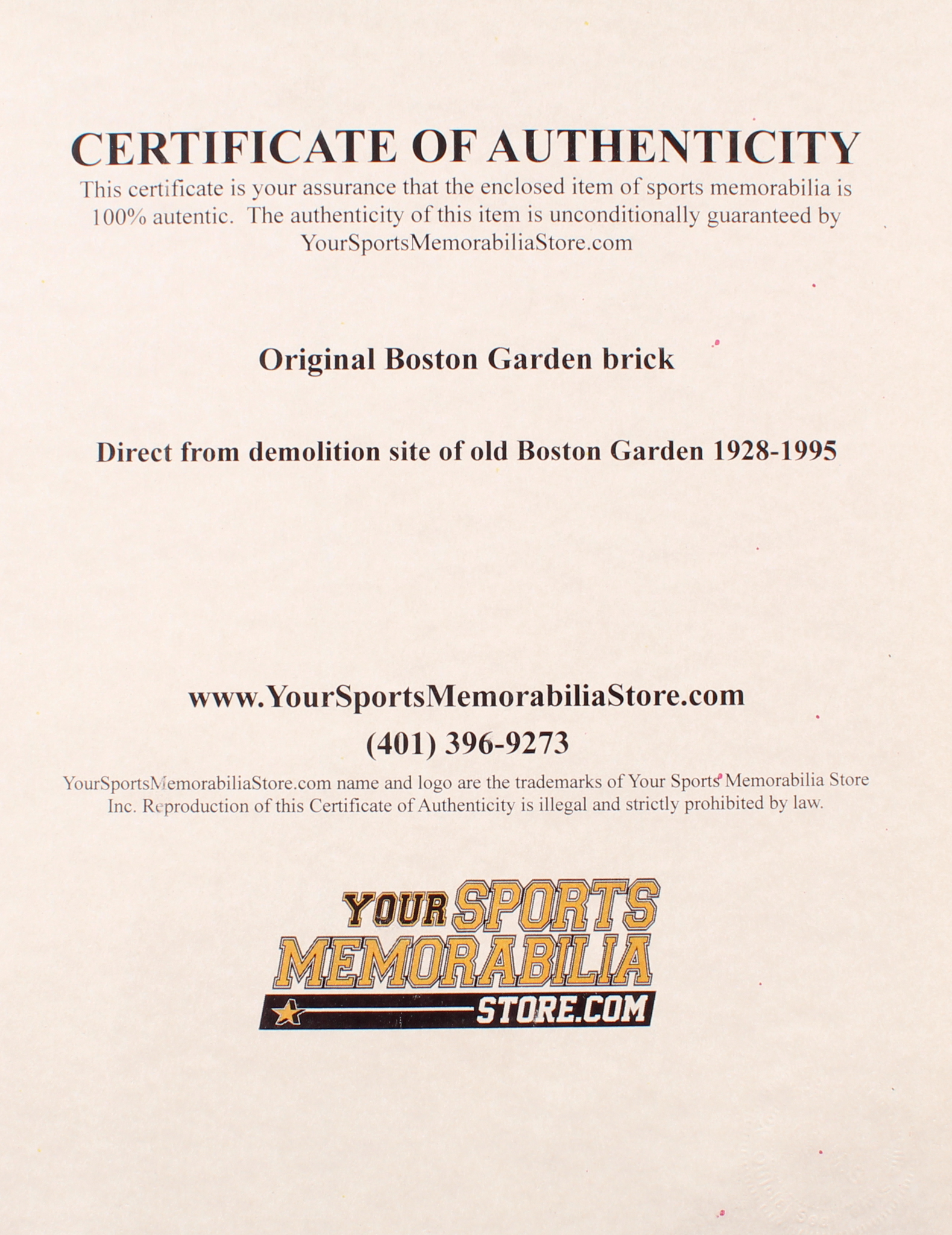 Original Boston Garden Brick (Your Sports Memorailia Store COA) at PristineAuction.com Original Boston Garden Brick (Your Sports Memorailia Store COA) at PristineAuction.com