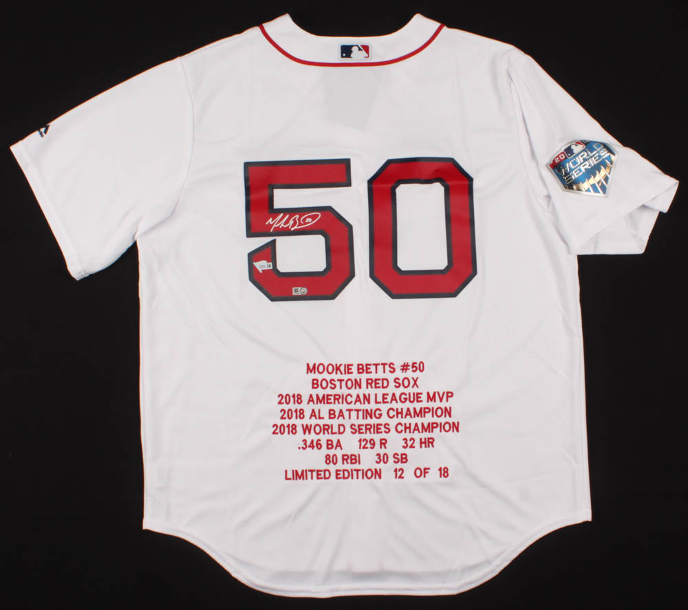 Mookie Betts Signed Red Sox 2018 World Series Career Highlight Stat Limited Edition Jersey (Fanatics Hologram & MLB Hologram) at PristineAuction.com Mookie Betts Signed Red Sox 2018 World Series Career Highlight Stat Limited Edition Jersey (Fanatics Hologram & MLB Hologram) at PristineAuction.com