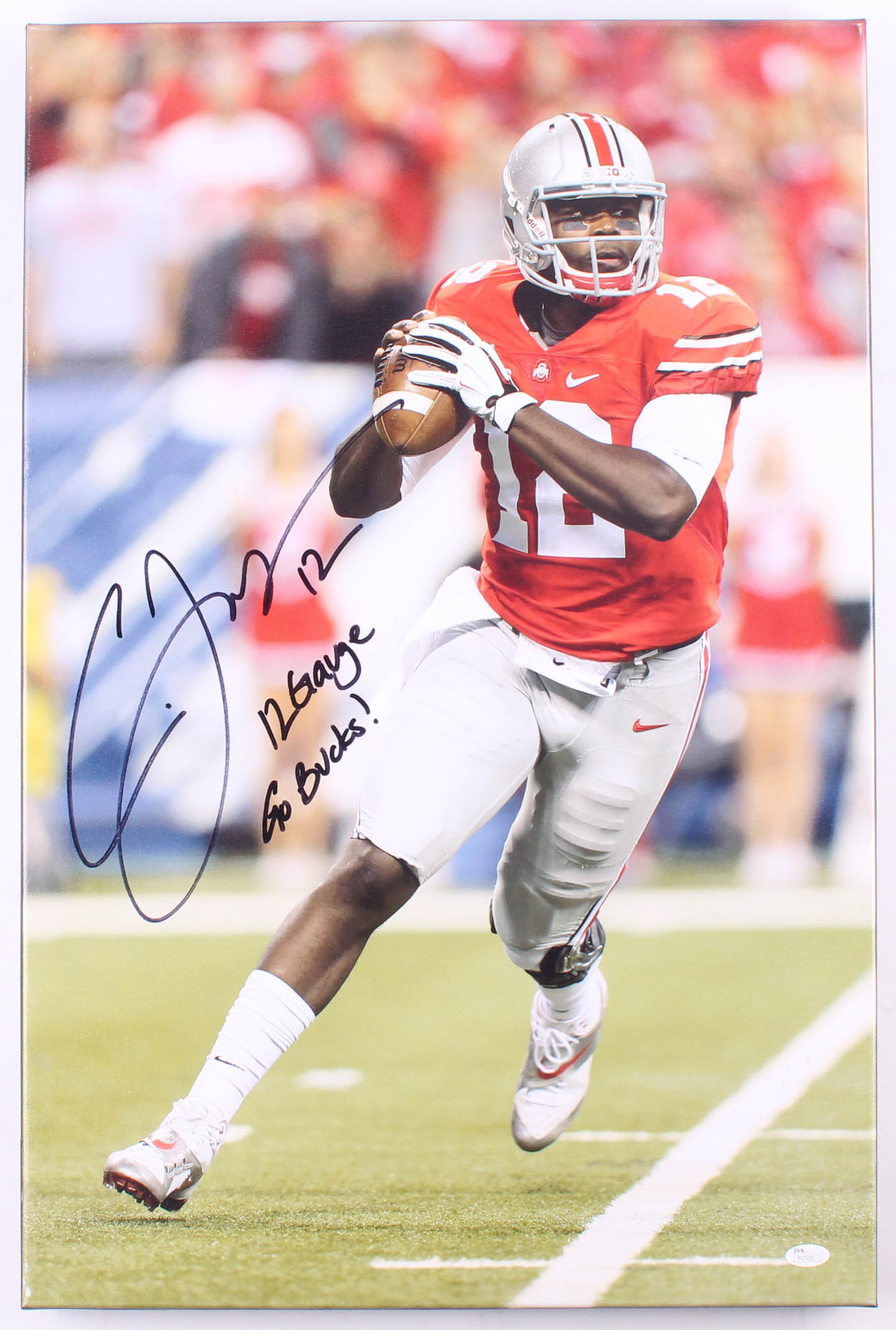 Cardale Jones Signed Ohio State Buckeyes 19x29 Custom Canvas Inscribed "12 Gauge" & "Go Bucks" (JSA COA) at PristineAuction.com Cardale Jones Signed Ohio State Buckeyes 19x29 Custom Canvas Inscribed "12 Gauge" & "Go Bucks" (JSA COA) at PristineAuction.com