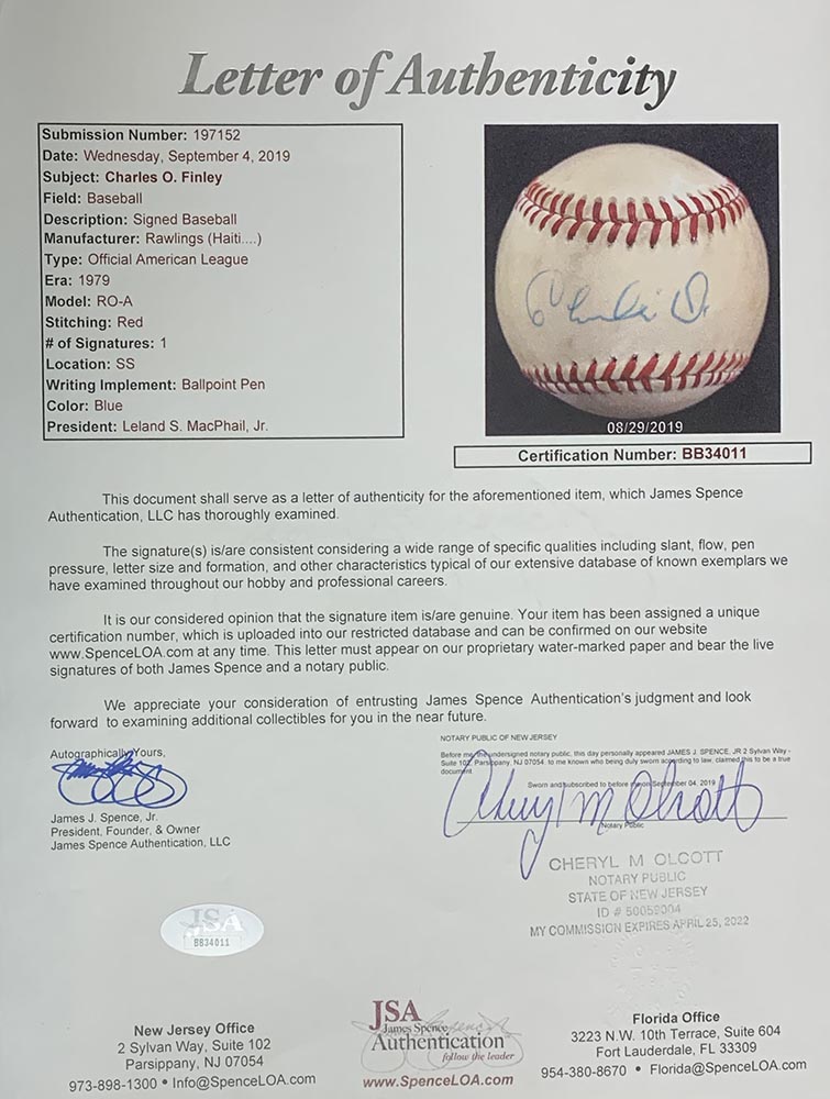 Charlie Finley Signed OAL Baseball (JSA LOA) at PristineAuction.com Charlie Finley Signed OAL Baseball (JSA LOA) at PristineAuction.com