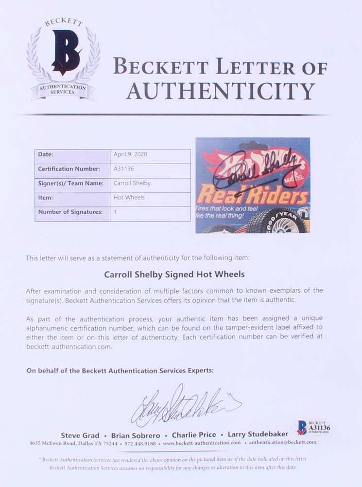 Carroll Shelby Signed Hot Wheels "Real Riders" Toy Car (Beckett LOA) at PristineAuction.com Carroll Shelby Signed Hot Wheels "Real Riders" Toy Car (Beckett LOA) at PristineAuction.com