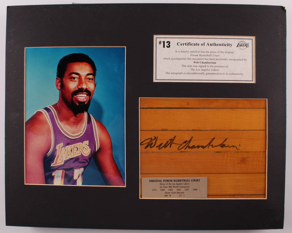 Wilt Chamberlain Signed Lakers 16x20 Custom Matted Wood Floorboard Piece Display (Beckett LOA) at PristineAuction.com Wilt Chamberlain Signed Lakers 16x20 Custom Matted Wood Floorboard Piece Display (Beckett LOA) at PristineAuction.com