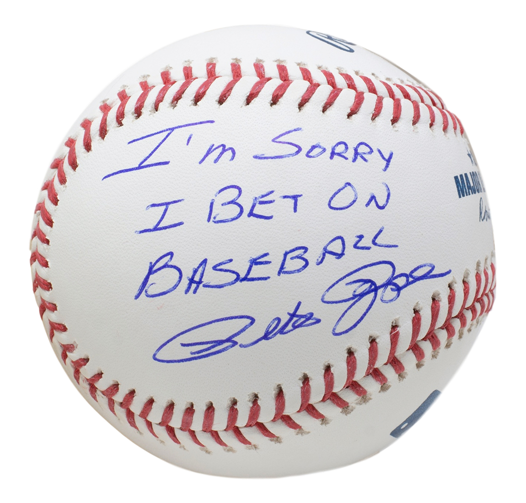 Pete Rose Signed OML Baseball Inscribed "I'm Sorry I Bet On Baseball" (JSA COA) at PristineAuction.com Pete Rose Signed OML Baseball Inscribed "I'm Sorry I Bet On Baseball" (JSA COA) at PristineAuction.com