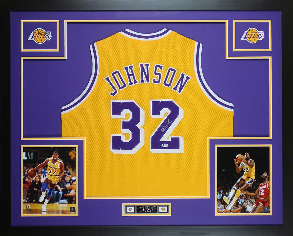 Magic Johnson Signed 35x43 Custom Framed Jersey (Beckett COA) at PristineAuction.com Magic Johnson Signed 35x43 Custom Framed Jersey (Beckett COA) at PristineAuction.com