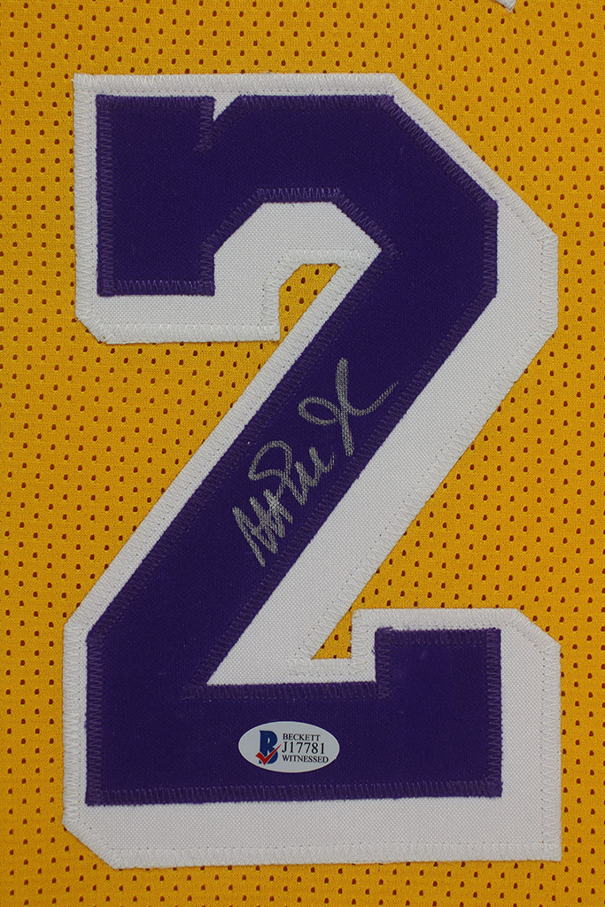 Magic Johnson Signed 35x43 Custom Framed Jersey (Beckett COA) at PristineAuction.com Magic Johnson Signed 35x43 Custom Framed Jersey (Beckett COA) at PristineAuction.com