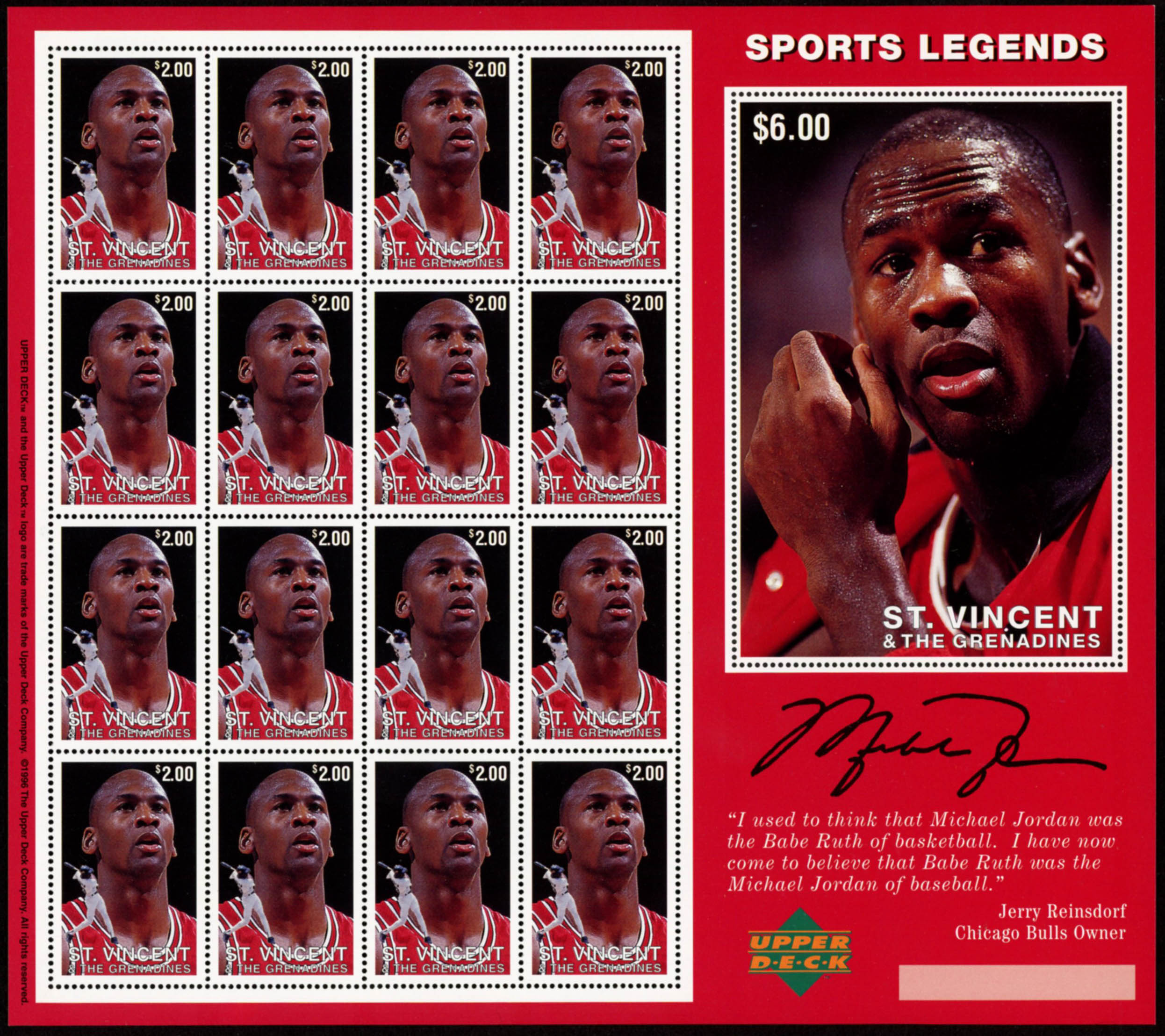 Sheet of (16) Unused Michael Jordan St. Vincent & The Grenadines Sports Legends Stamps at PristineAuction.com Sheet of (16) Unused Michael Jordan St. Vincent & The Grenadines Sports Legends Stamps at PristineAuction.com