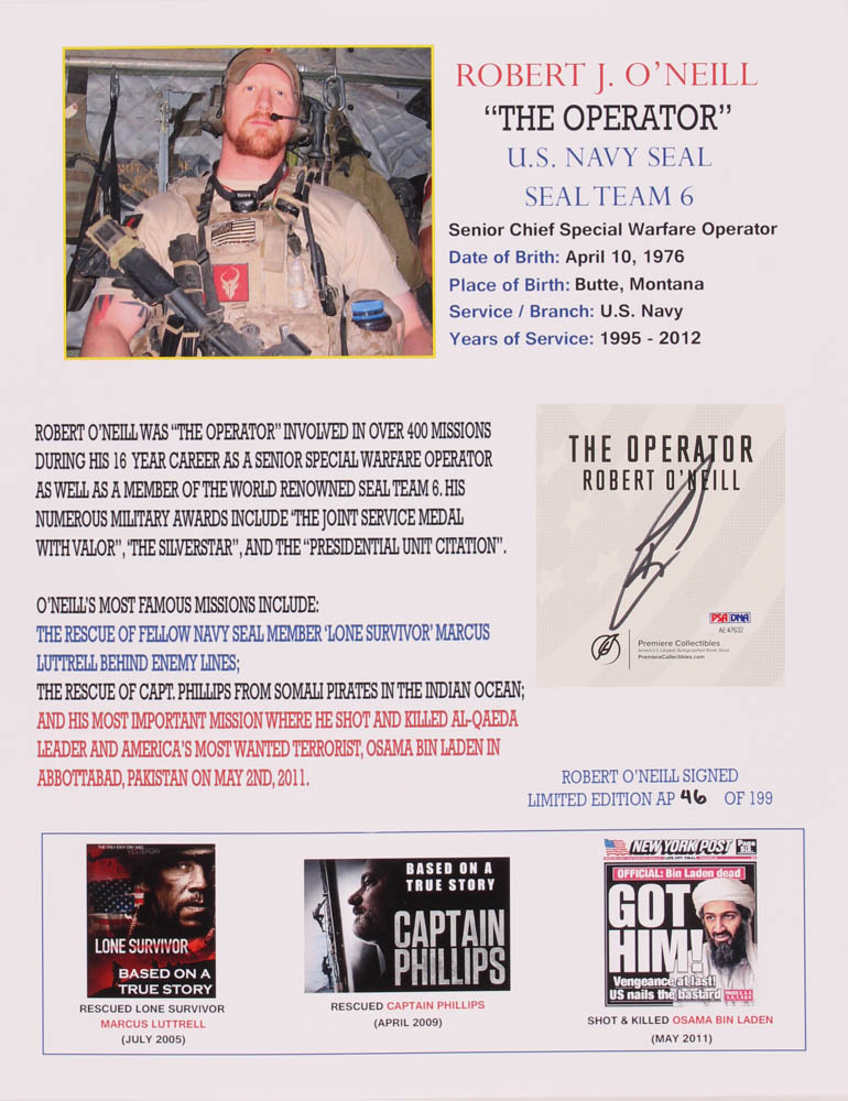 Robert J. O'Neill Signed LE "Biography" 13x16 Print (PSA COA) at PristineAuction.com Robert J. O'Neill Signed LE "Biography" 13x16 Print (PSA COA) at PristineAuction.com