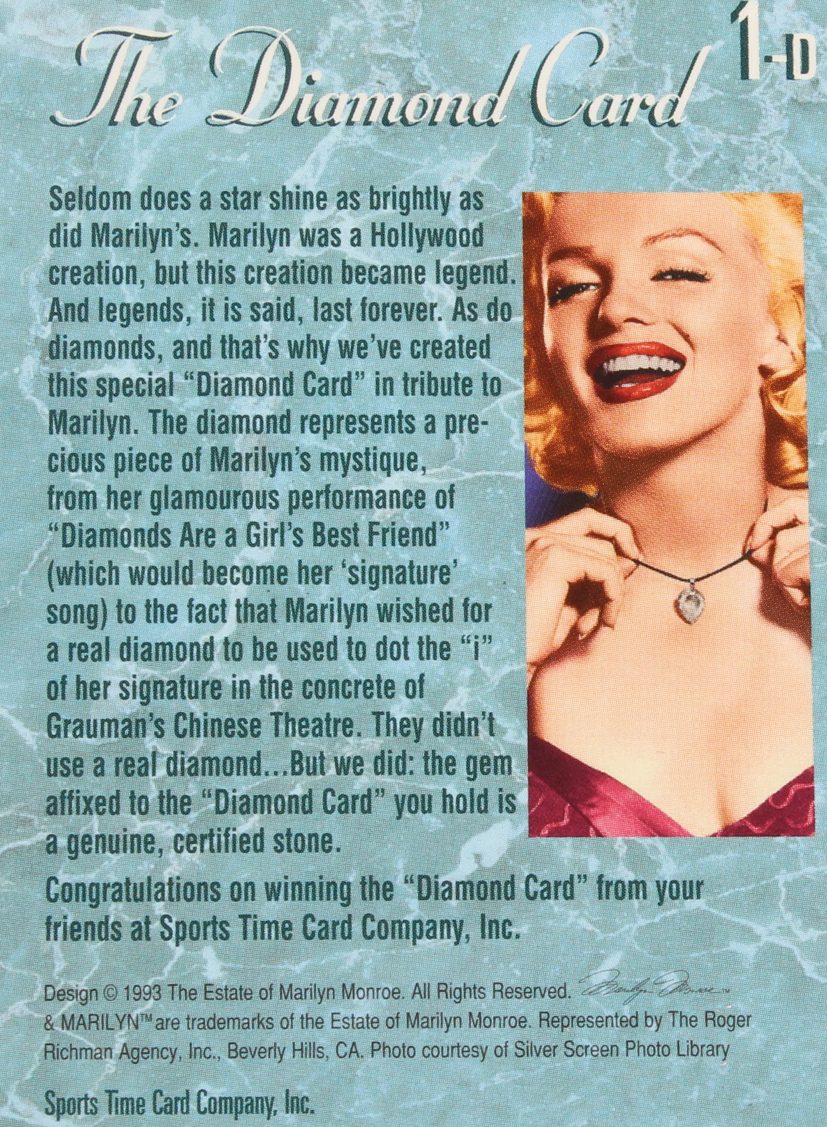 Marilyn Monroe 1993 Marilyn Monroe #1D Diamond Necklace at PristineAuction.com Marilyn Monroe 1993 Marilyn Monroe #1D Diamond Necklace at PristineAuction.com