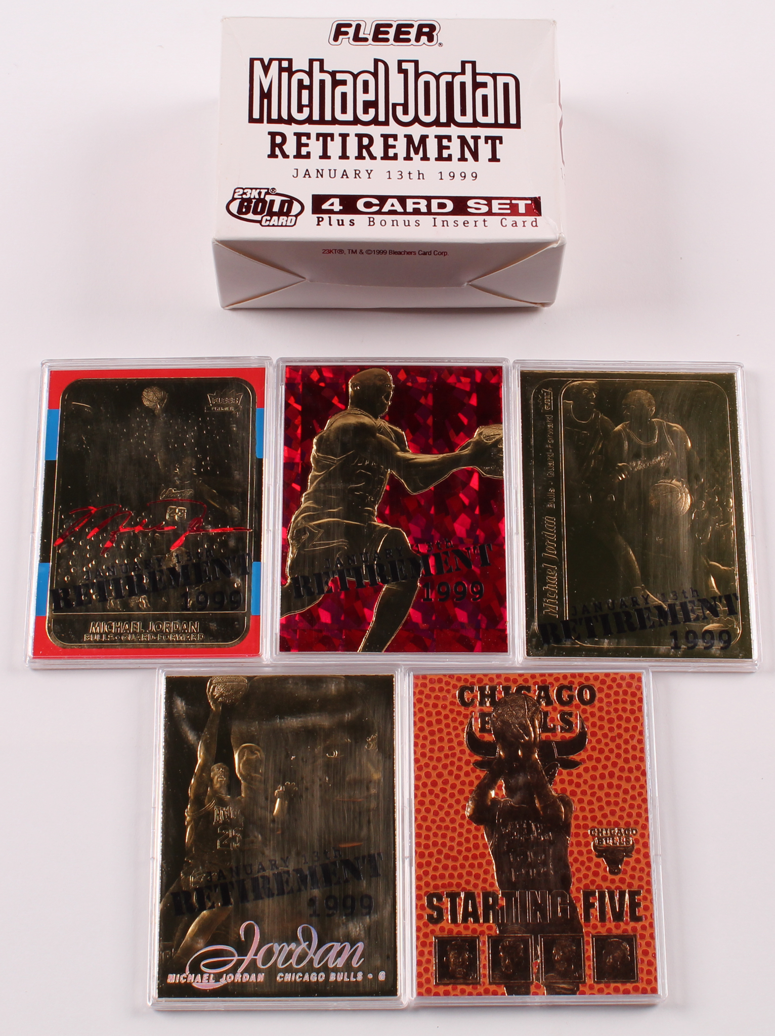1999 Fleer Michael Jordan Retirement Set of (5) 23kt Gold Serially Numbered Commemorative Basketball Cards at PristineAuction.com 1999 Fleer Michael Jordan Retirement Set of (5) 23kt Gold Serially Numbered Commemorative Basketball Cards at PristineAuction.com