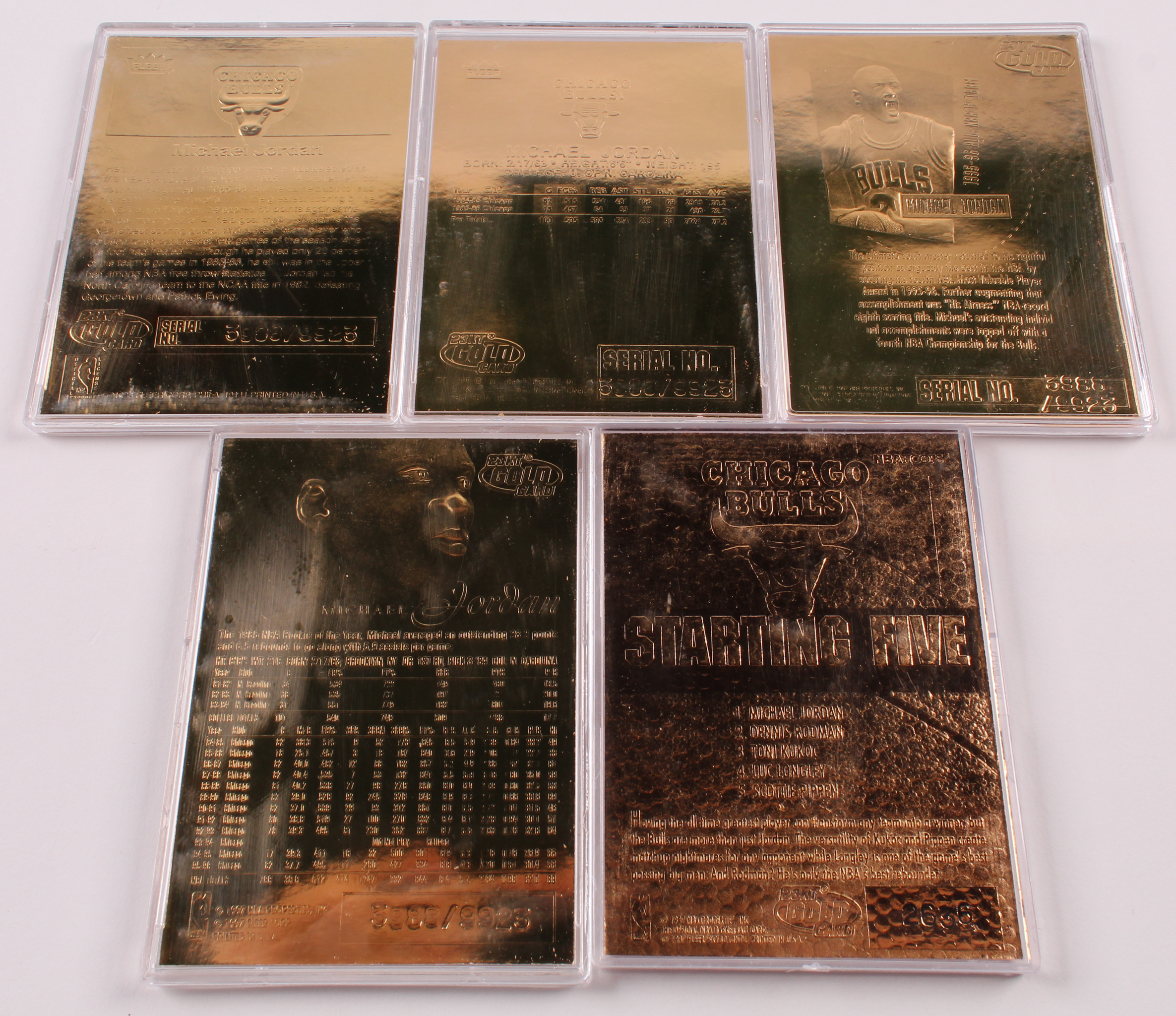 1999 Fleer Michael Jordan Retirement Set of (5) 23kt Gold Serially Numbered Commemorative Basketball Cards at PristineAuction.com 1999 Fleer Michael Jordan Retirement Set of (5) 23kt Gold Serially Numbered Commemorative Basketball Cards at PristineAuction.com