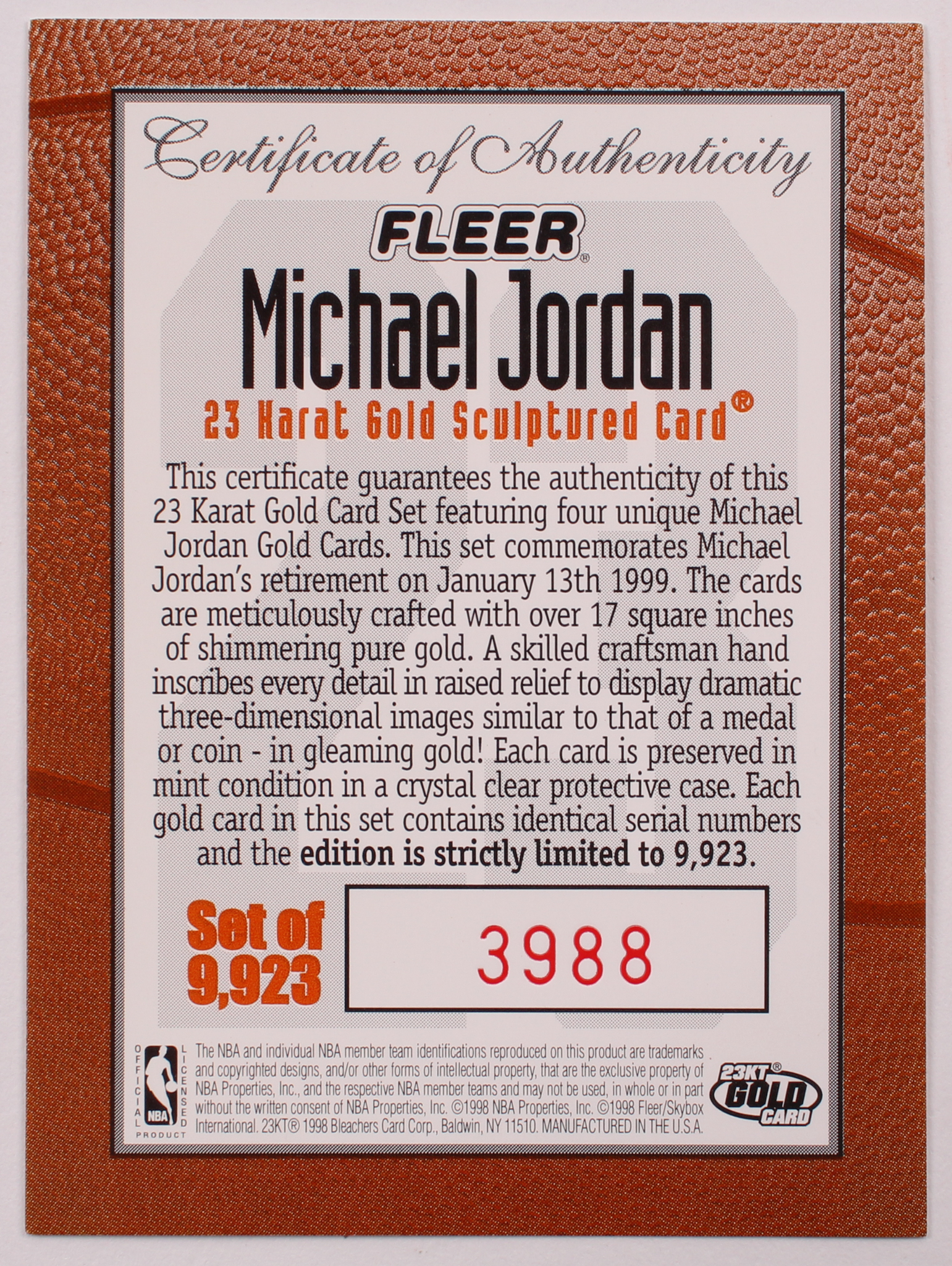 1999 Fleer Michael Jordan Retirement Set of (5) 23kt Gold Serially Numbered Commemorative Basketball Cards at PristineAuction.com 1999 Fleer Michael Jordan Retirement Set of (5) 23kt Gold Serially Numbered Commemorative Basketball Cards at PristineAuction.com