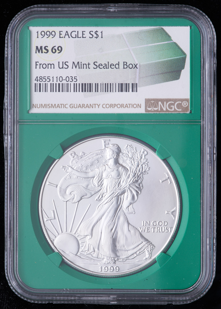 1999 American Silver Eagle $1 One Dollar Coin - From U.S. Mint Sealed Box (NGC MS69) (Green Core Holder) at PristineAuction.com 1999 American Silver Eagle $1 One Dollar Coin - From U.S. Mint Sealed Box (NGC MS69) (Green Core Holder) at PristineAuction.com