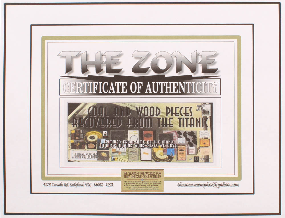Authentic Coal & Wood Relic Piece From Titanic Wreckage on 6x8 Photo (The Zone COA) at PristineAuction.com Authentic Coal & Wood Relic Piece From Titanic Wreckage on 6x8 Photo (The Zone COA) at PristineAuction.com