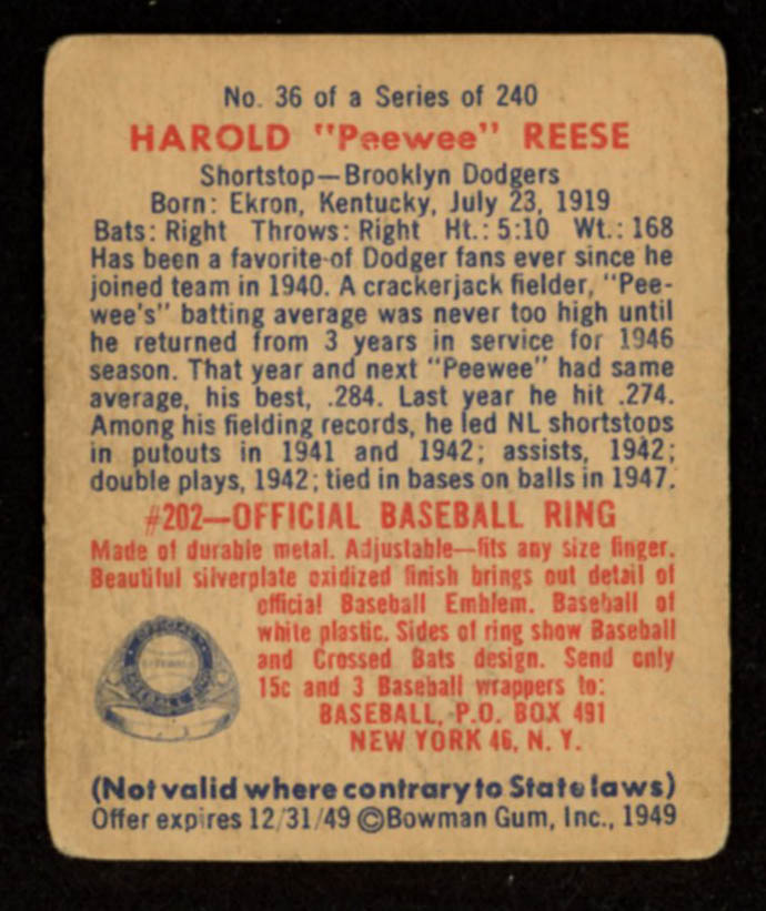 Pee Wee Reese 1949 Bowman #36 at PristineAuction.com Pee Wee Reese 1949 Bowman #36 at PristineAuction.com
