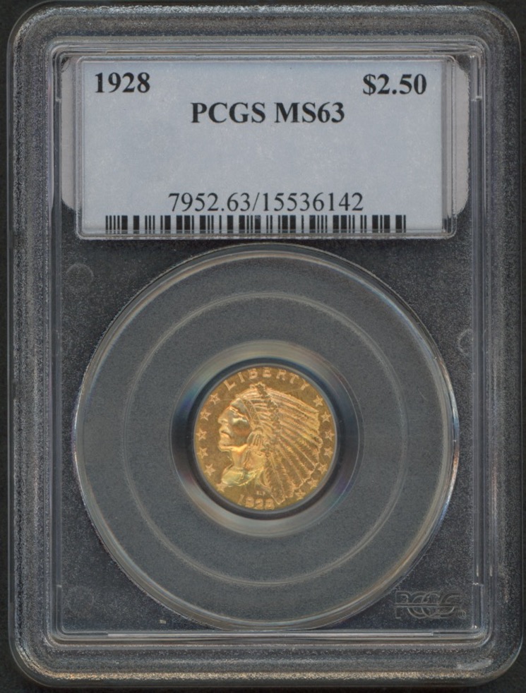 1928 $2.50 Indian Head Gold Coin (PCGS MS 63) at PristineAuction.com 1928 $2.50 Indian Head Gold Coin (PCGS MS 63) at PristineAuction.com