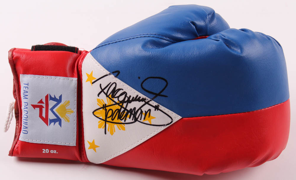 Manny Pacquiao Signed "Flag of the Philippines" Boxing Glove Inscribed "Pacman" (Pacquiao COA) at PristineAuction.com Manny Pacquiao Signed "Flag of the Philippines" Boxing Glove Inscribed "Pacman" (Pacquiao COA) at PristineAuction.com