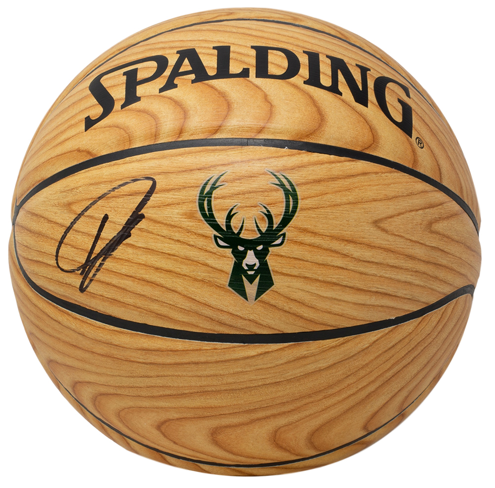 Giannis Antetokounmpo Signed Woodgrain Bucks Logo Basketball (JSA COA) at PristineAuction.com Giannis Antetokounmpo Signed Woodgrain Bucks Logo Basketball (JSA COA) at PristineAuction.com
