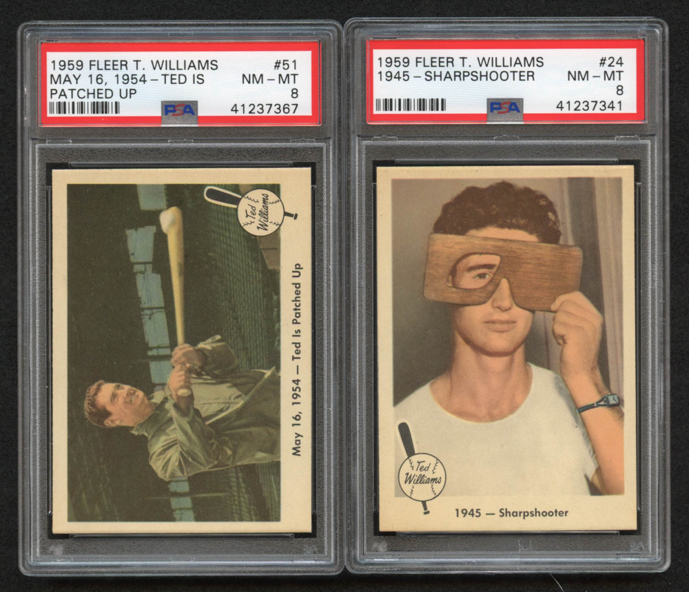 Lot of (2) PSA Graded 8 1959 Fleer Ted Williams Baseball Cards with #24 Sharpshooter & #51 Ted Is Patched Up at PristineAuction.com Lot of (2) PSA Graded 8 1959 Fleer Ted Williams Baseball Cards with #24 Sharpshooter & #51 Ted Is Patched Up at PristineAuction.com