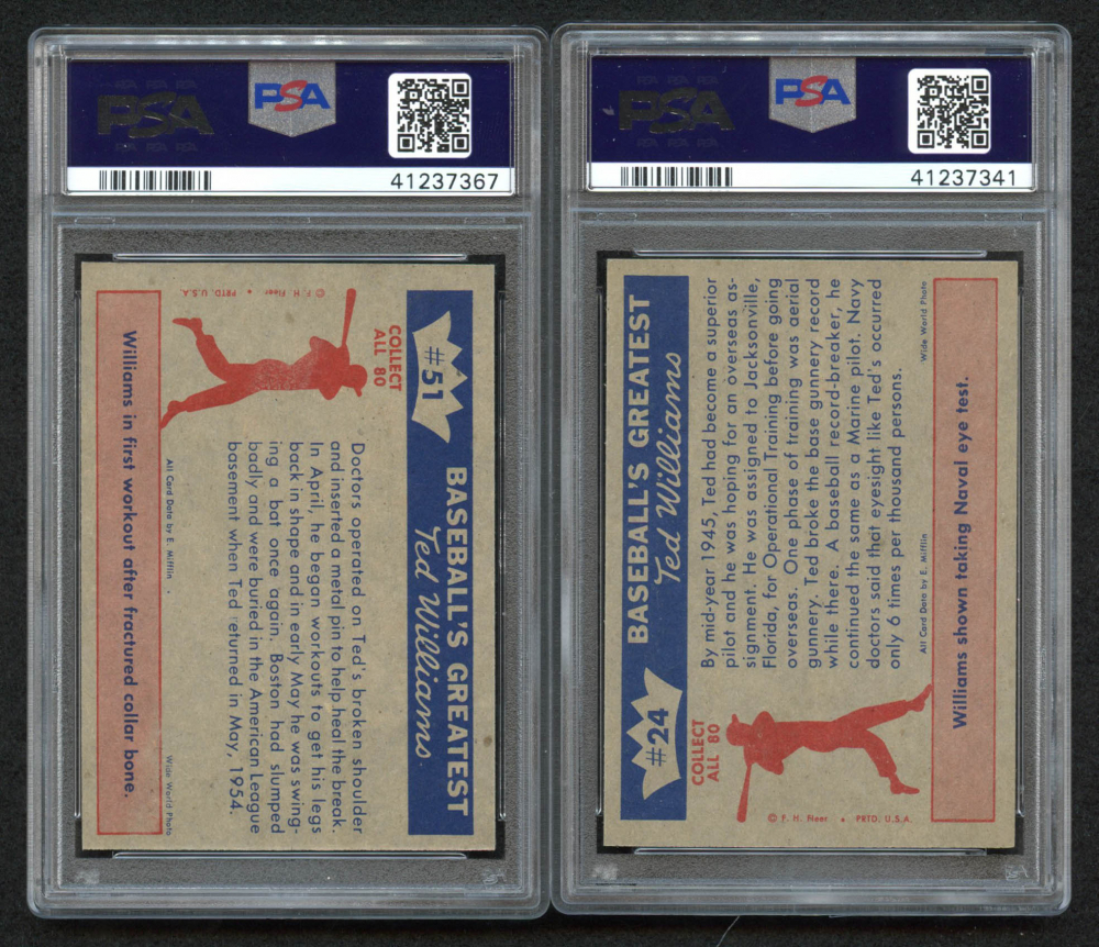 Lot of (2) PSA Graded 8 1959 Fleer Ted Williams Baseball Cards with #24 Sharpshooter & #51 Ted Is Patched Up at PristineAuction.com Lot of (2) PSA Graded 8 1959 Fleer Ted Williams Baseball Cards with #24 Sharpshooter & #51 Ted Is Patched Up at PristineAuction.com