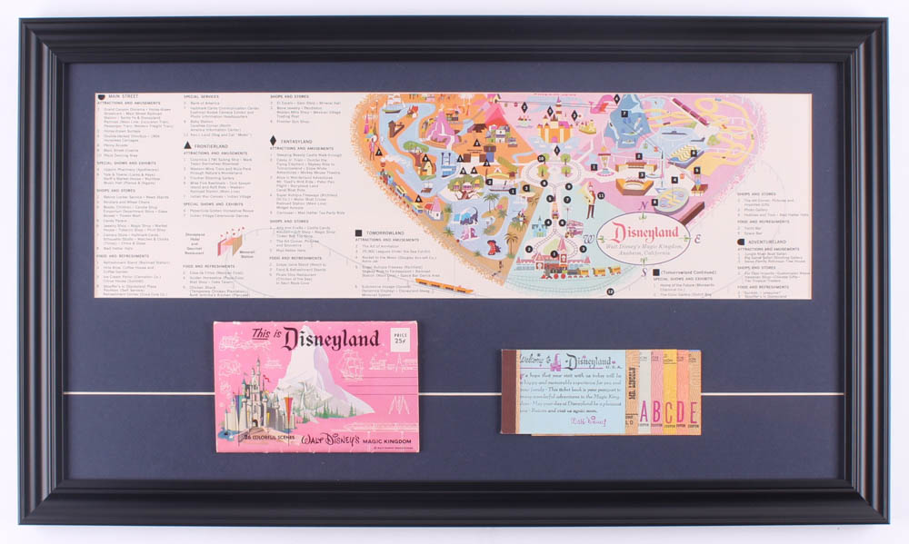 Disneyland 15.5x26.5 Custom Framed Vintage 1962 Map Display with Photo Packet & Ticket Book at PristineAuction.com Disneyland 15.5x26.5 Custom Framed Vintage 1962 Map Display with Photo Packet & Ticket Book at PristineAuction.com