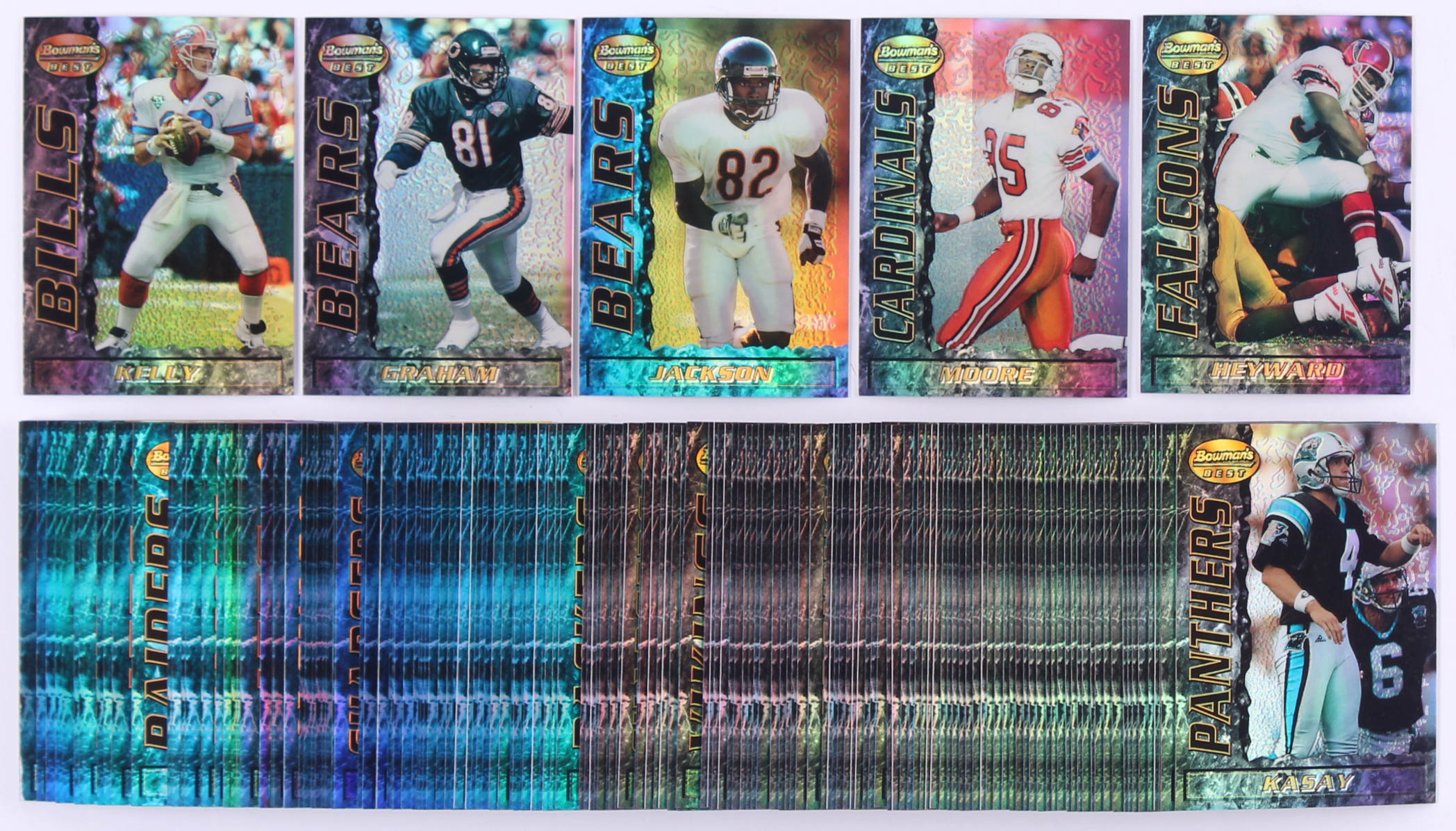 Complete Set of (180) 1995 Bowman's Best Refractor Football Cards with #V1 Rob Moore, #R52 Jack Johnson, #V@ Craig Heyward, #V3 Jim Kelly, #V5 Jeff Graham at PristineAuction.com Complete Set of (180) 1995 Bowman's Best Refractor Football Cards with #V1 Rob Moore, #R52 Jack Johnson, #V@ Craig Heyward, #V3 Jim Kelly, #V5 Jeff Graham at PristineAuction.com