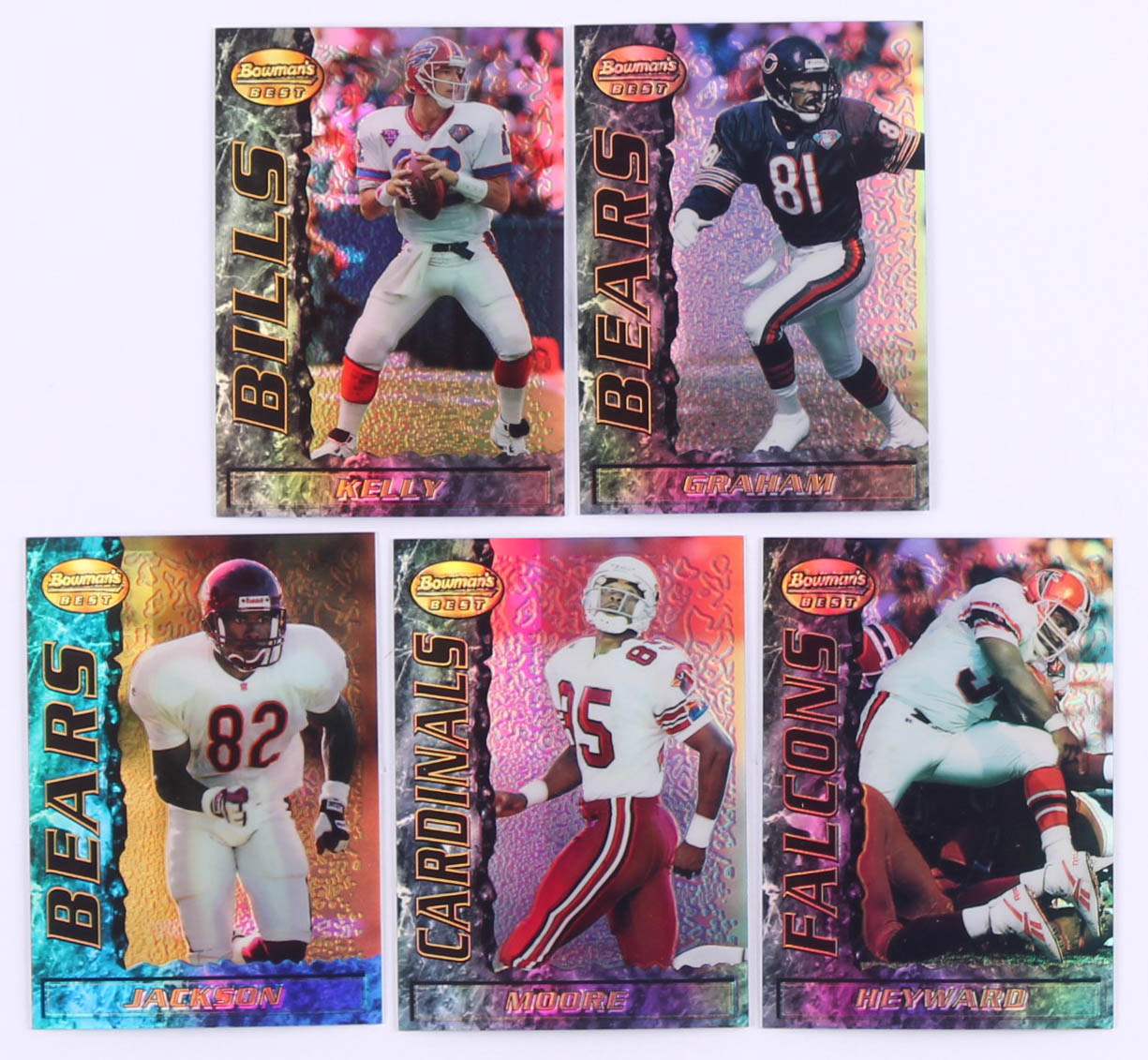 Complete Set of (180) 1995 Bowman's Best Refractor Football Cards with #V1 Rob Moore, #R52 Jack Johnson, #V@ Craig Heyward, #V3 Jim Kelly, #V5 Jeff Graham at PristineAuction.com Complete Set of (180) 1995 Bowman's Best Refractor Football Cards with #V1 Rob Moore, #R52 Jack Johnson, #V@ Craig Heyward, #V3 Jim Kelly, #V5 Jeff Graham at PristineAuction.com