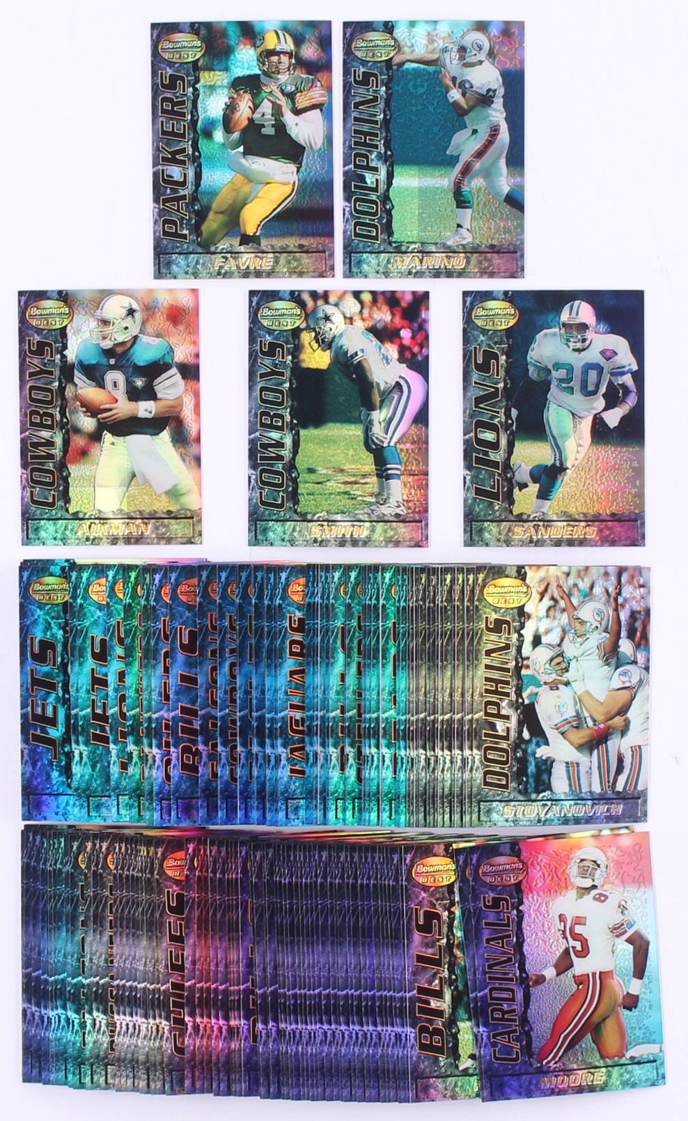 Complete Set of (180) 1995 Bowman's Best Refractor Football Cards with #V10 Barry Sanders, #V47 Dan Marino, #V85 Jerry Rice, #V8 Troy Aikman, #V37 Emmitt Smith at PristineAuction.com Complete Set of (180) 1995 Bowman's Best Refractor Football Cards with #V10 Barry Sanders, #V47 Dan Marino, #V85 Jerry Rice, #V8 Troy Aikman, #V37 Emmitt Smith at PristineAuction.com