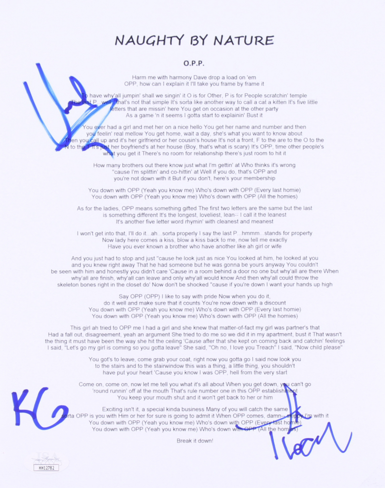 Treach Vin Rock Dj Kay Gee Signed O P P 8x10 Lyric Sheet Jsa Coa Pristine Auction