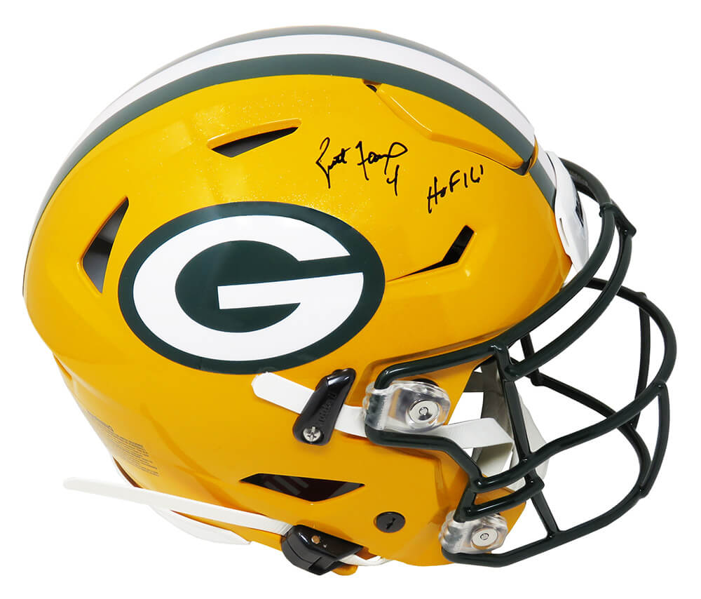 Brett Favre Signed Packers Full-Size Authentic On-Field SpeedFlex Helmet Inscribed "HOF 16" (Schwartz Sports COA) at PristineAuction.com Brett Favre Signed Packers Full-Size Authentic On-Field SpeedFlex Helmet Inscribed "HOF 16" (Schwartz Sports COA) at PristineAuction.com
