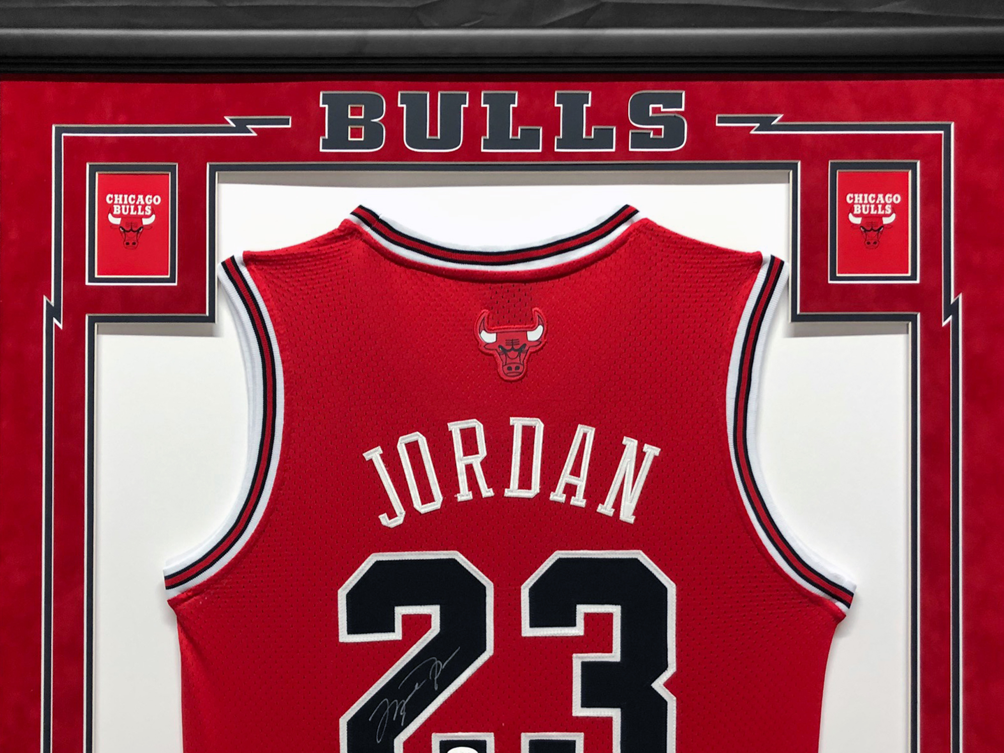 Michael Jordan Signed 34.5x42.5 Custom Framed Bulls Jersey (UDA Hologram & JSA LOA) at PristineAuction.com Michael Jordan Signed 34.5x42.5 Custom Framed Bulls Jersey (UDA Hologram & JSA LOA) at PristineAuction.com