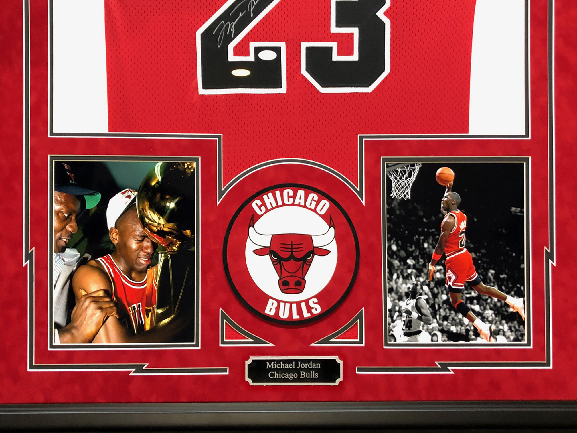 Michael Jordan Signed 34.5x42.5 Custom Framed Bulls Jersey (UDA Hologram & JSA LOA) at PristineAuction.com Michael Jordan Signed 34.5x42.5 Custom Framed Bulls Jersey (UDA Hologram & JSA LOA) at PristineAuction.com