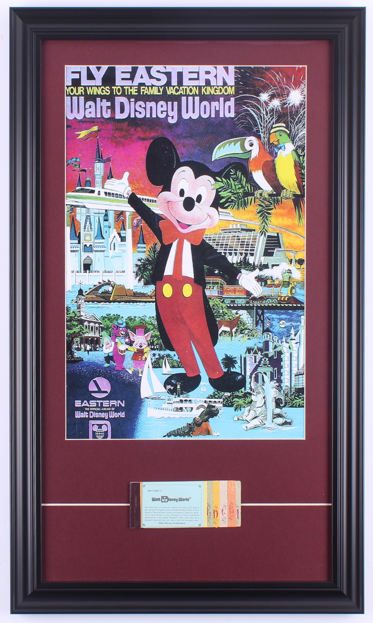 Disney World 15.5x26.5 Custom Framed Print Display with 1960's Ticket Book at PristineAuction.com Disney World 15.5x26.5 Custom Framed Print Display with 1960's Ticket Book at PristineAuction.com