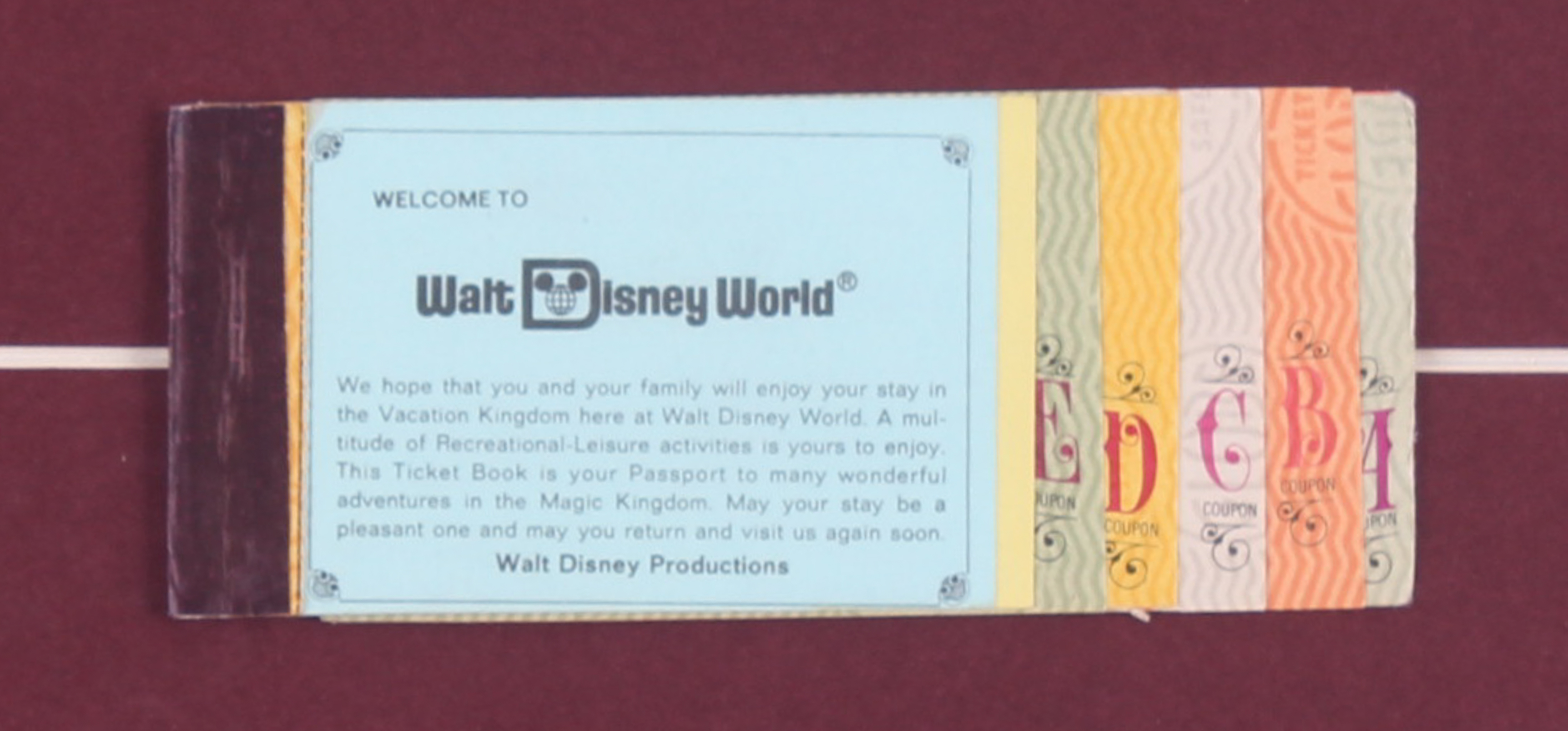 Disney World 15.5x26.5 Custom Framed Print Display with 1960's Ticket Book at PristineAuction.com Disney World 15.5x26.5 Custom Framed Print Display with 1960's Ticket Book at PristineAuction.com