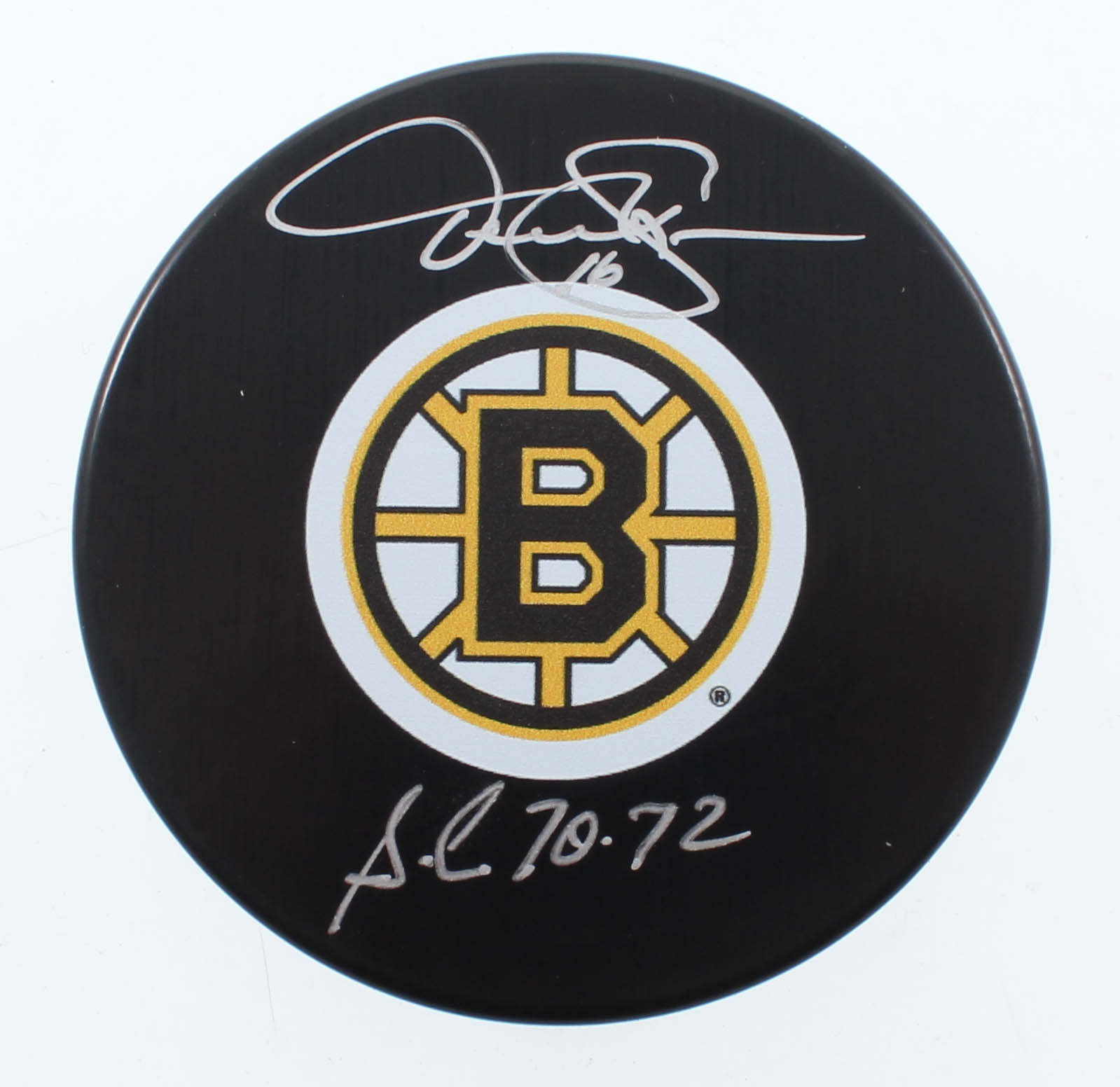 Derek Sanderson Signed Bruins Logo Hockey Puck Inscribed "S.C. 70-72" (COJO COA) at PristineAuction.com Derek Sanderson Signed Bruins Logo Hockey Puck Inscribed "S.C. 70-72" (COJO COA) at PristineAuction.com