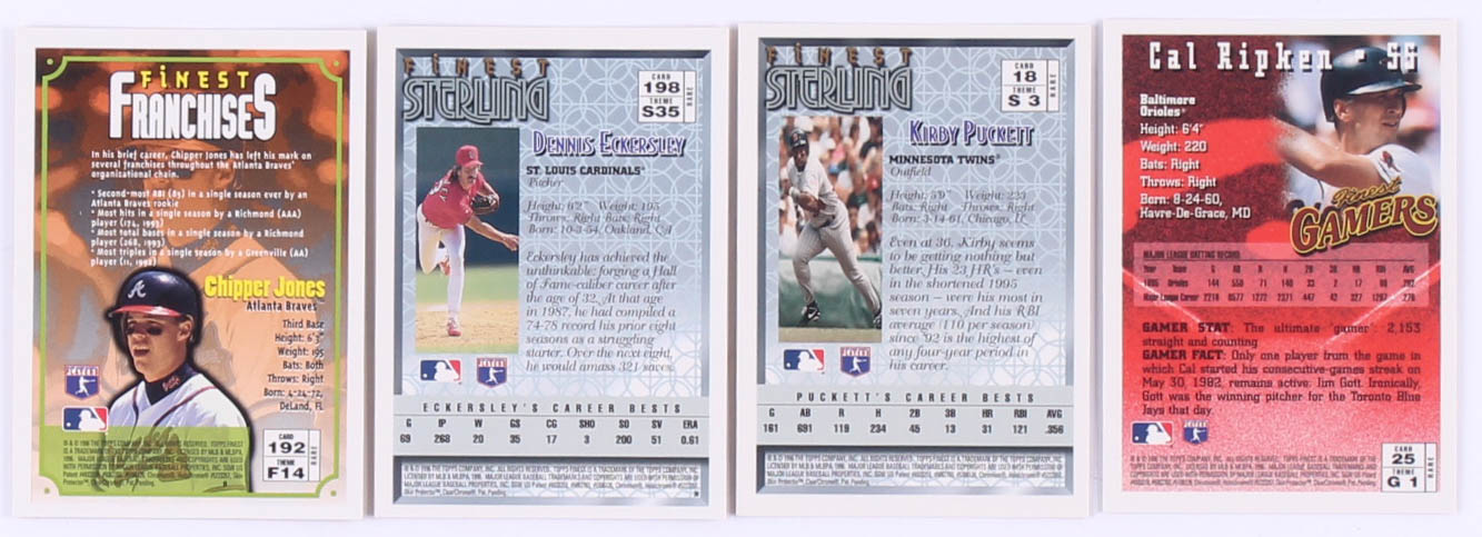 Complete Set of (359) 1996 Finest Baseball Cards with #18 Kirby Puckett, #198 Dennis Eckersley, #192 Chipper Jones, #25 Cal Ripken Jr. at PristineAuction.com Complete Set of (359) 1996 Finest Baseball Cards with #18 Kirby Puckett, #198 Dennis Eckersley, #192 Chipper Jones, #25 Cal Ripken Jr. at PristineAuction.com